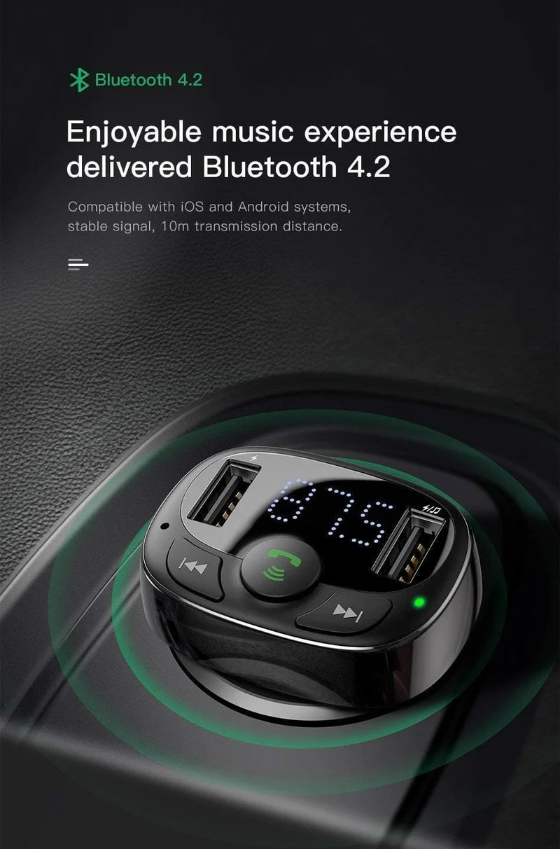 Baseus Autoladegerät für iPhone Handy Freisprecheinrichtung FM Transmitter Bluetooth Car Kit LCD MP3 Player Dual USB Autotelefonladegerät
