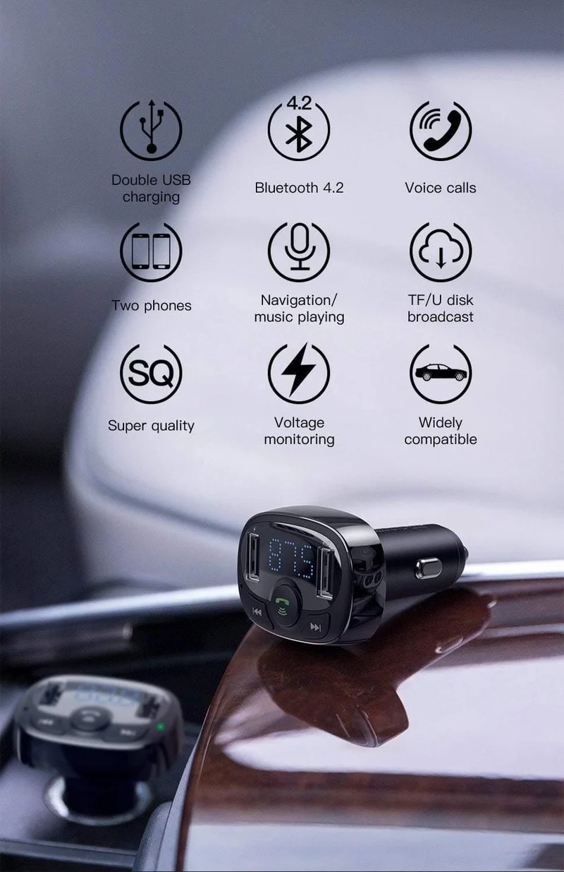 Baseus Autoladegerät für iPhone Handy Freisprecheinrichtung FM Transmitter Bluetooth Car Kit LCD MP3 Player Dual USB Autotelefonladegerät