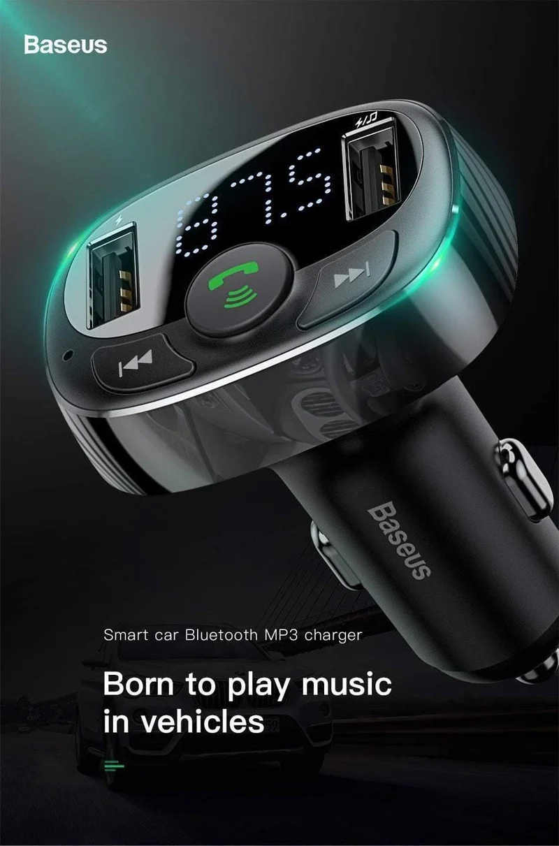 Baseus Autoladegerät für iPhone Handy Freisprecheinrichtung FM Transmitter Bluetooth Car Kit LCD MP3 Player Dual USB Autotelefonladegerät