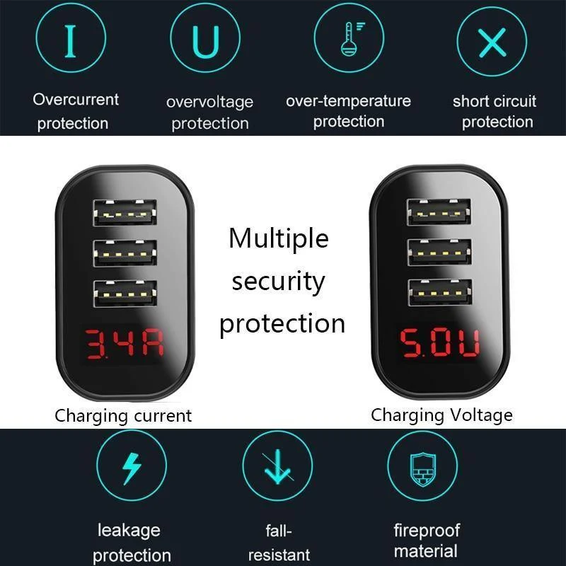 LED-Anzeige 3 USB-Ladegerät, Baseus-Handy-USB-Ladegerät, Schnelllade-Wandladegerät für iPhone, Samsung, Xiaomi, 3.4 A Max-Ladegerät