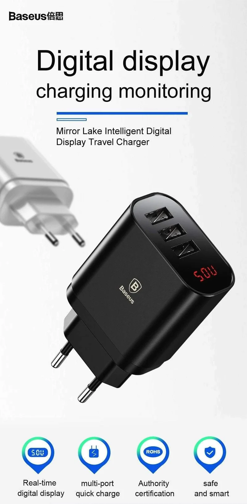 LED-Anzeige 3 USB-Ladegerät, Baseus-Handy-USB-Ladegerät, Schnelllade-Wandladegerät für iPhone, Samsung, Xiaomi, 3.4 A Max-Ladegerät