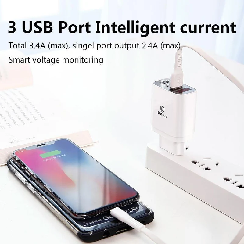 LED-Anzeige 3 USB-Ladegerät, Baseus-Handy-USB-Ladegerät, Schnelllade-Wandladegerät für iPhone, Samsung, Xiaomi, 3.4 A Max-Ladegerät