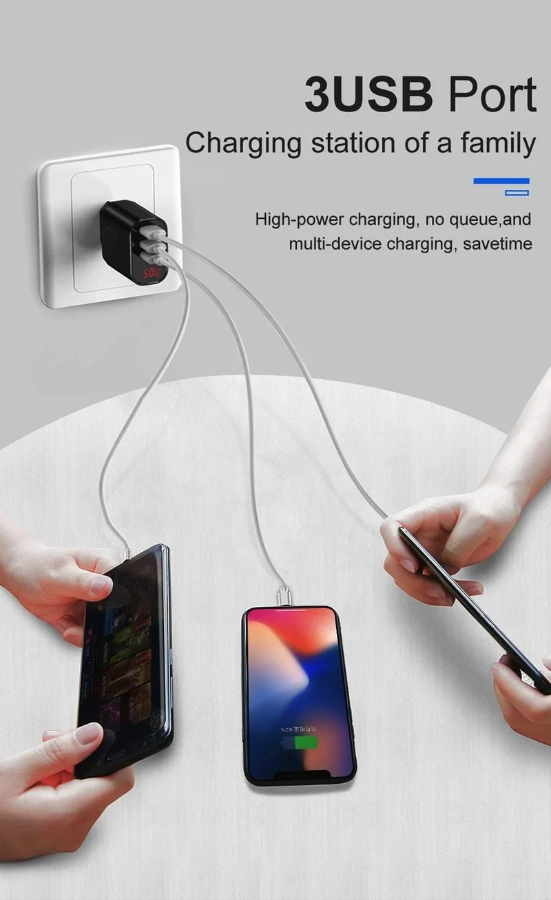 LED-Anzeige 3 USB-Ladegerät, Baseus-Handy-USB-Ladegerät, Schnelllade-Wandladegerät für iPhone, Samsung, Xiaomi, 3.4 A Max-Ladegerät