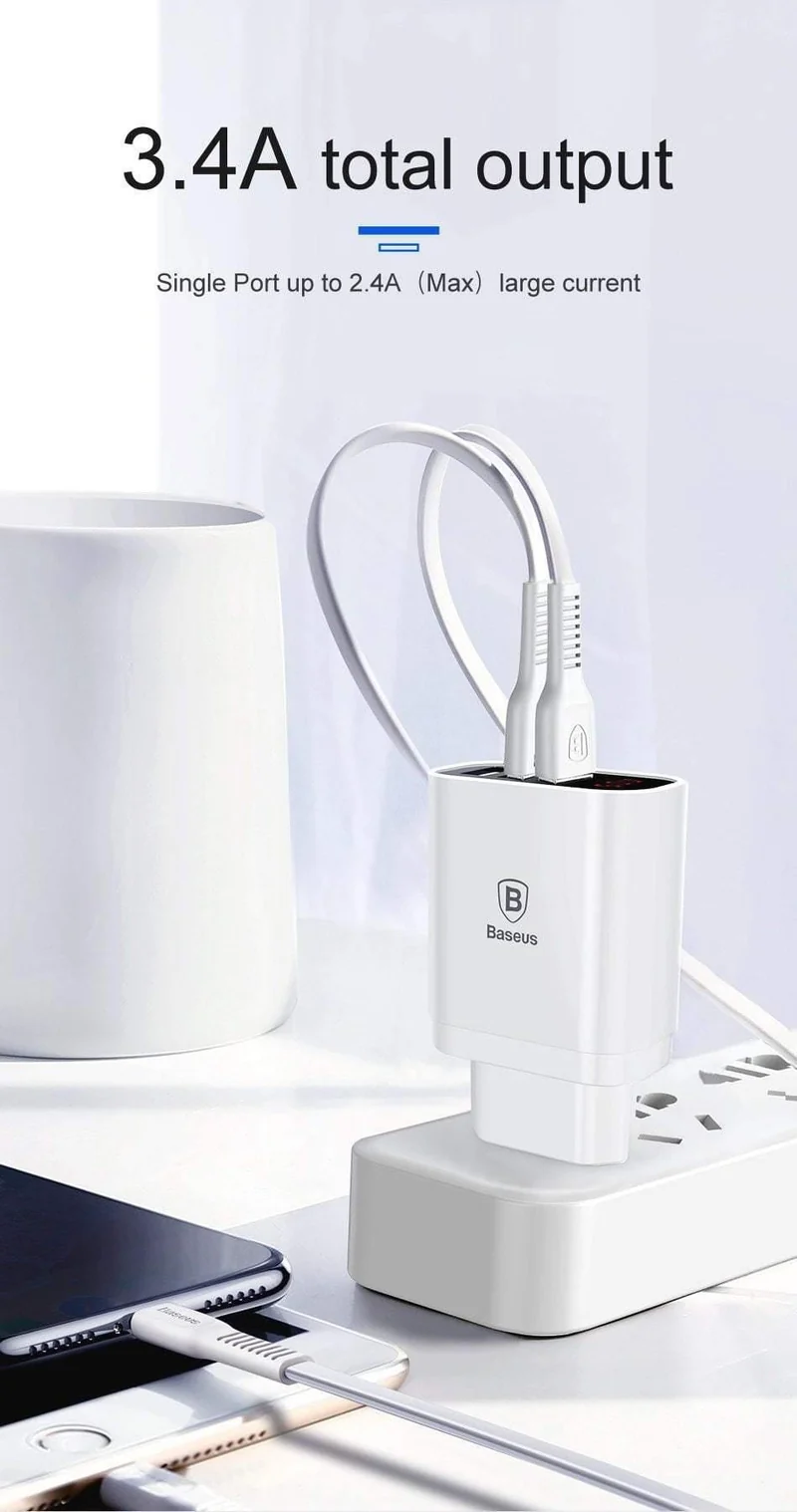 LED-Anzeige 3 USB-Ladegerät, Baseus-Handy-USB-Ladegerät, Schnelllade-Wandladegerät für iPhone, Samsung, Xiaomi, 3.4 A Max-Ladegerät