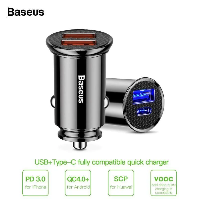Baseus 30W Quick Charge 4.0 3.0 Autoladegerät für Samsung Huawei Supercharge SCP USB Typ C PD 3.0 Schnelllade-Autotelefonladegerät