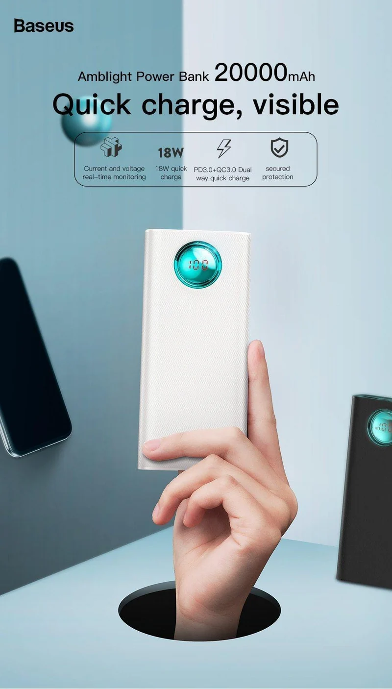 Baseus 20000mAh Power Bank Für iPhone Samsung Huawei Typ C PD Schnellladung + Schnellladung 3.0 USB Powerbank Externer Akku
