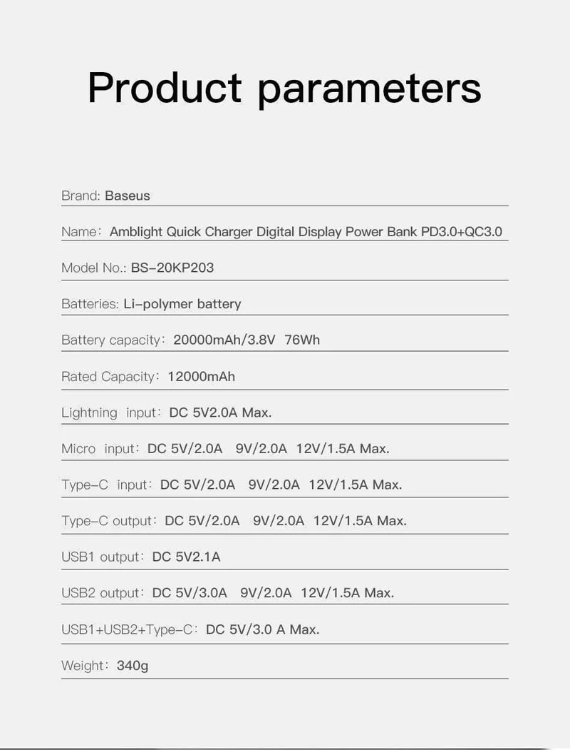 Baseus 20000mAh Power Bank Für iPhone Samsung Huawei Typ C PD Schnellladung + Schnellladung 3.0 USB Powerbank Externer Akku