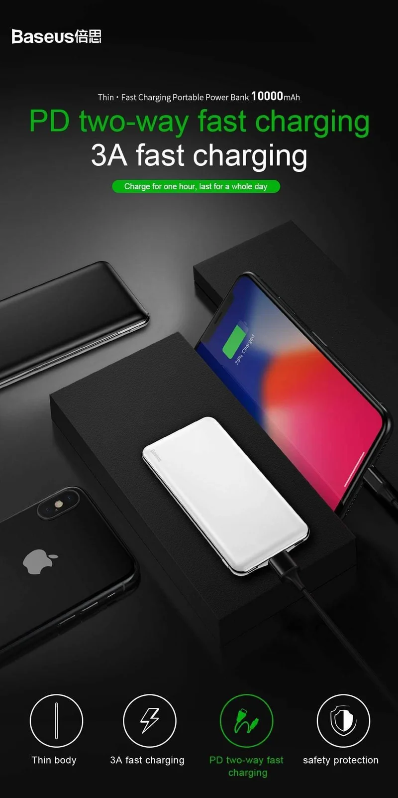 Baseus USB PD Schnelllade-Powerbank für iPhone Xs Xs Max XR 2018 X 8 8 Plus Powerbank 3A Schnelllade-USB-Typ-C-Powerbank