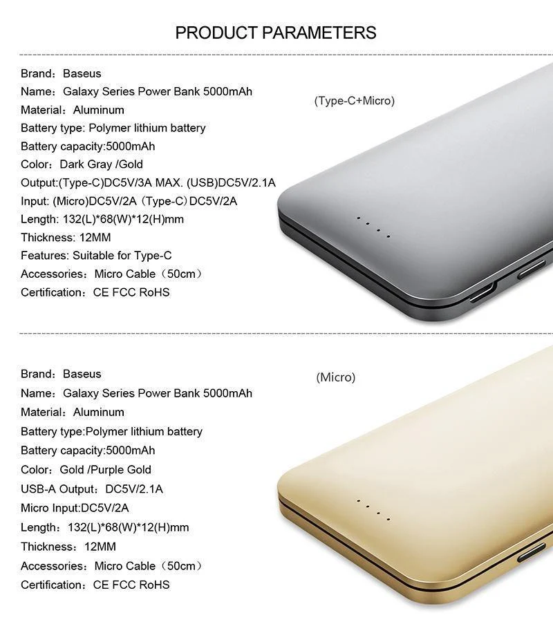 Baseus 5000mAh Power Bank Dual USB-Eingang schnelles Aufladen Tragbares externes Akku-Ladegerät für iPhone 7 Samsung S8 Huawei Xiaomi