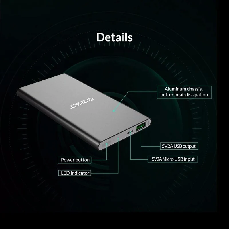 ORICO Schnellladestrombank 5000mAh USB LED Powerbank Externes Ladegerät für Mobiltelefone Tablets Poverbank für Xiaomi