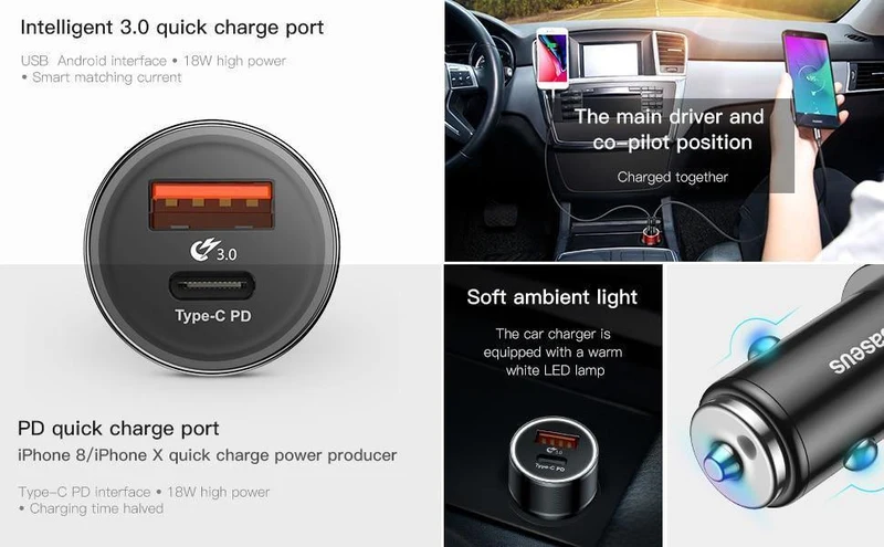 Baseus Schnelles Autotelefonladegerät für iPhone USB Typ C PD Quick Charge 3.0 QC3.0 Autoladegerät für Samsung S9 Xiaomi Mi8 Autoladegerät