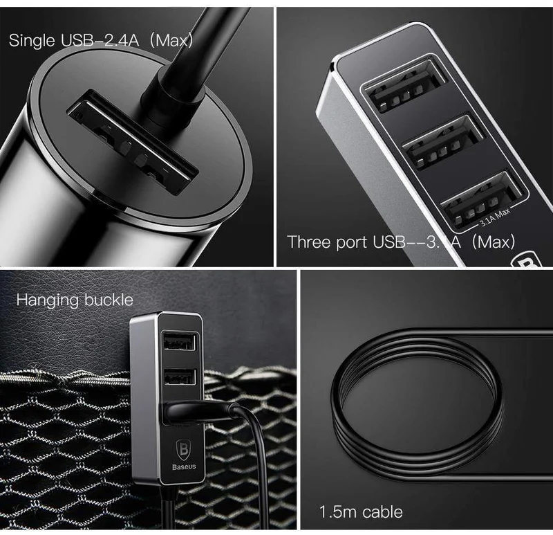 Baseus 4 USB-Schnellladegerät fürs Auto für iPhone, iPad, Samsung Tablet, Handy-Ladegerät, 5 V, 5.5 A, Auto-USB-Ladegerät, Auto-Ladegerät