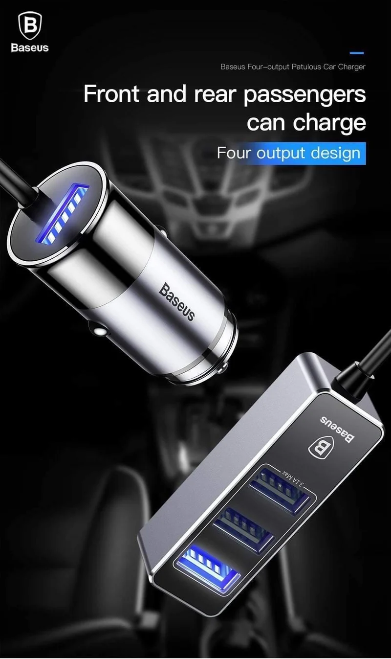 Baseus 4 USB-Schnellladegerät fürs Auto für iPhone, iPad, Samsung Tablet, Handy-Ladegerät, 5 V, 5.5 A, Auto-USB-Ladegerät, Auto-Ladegerät