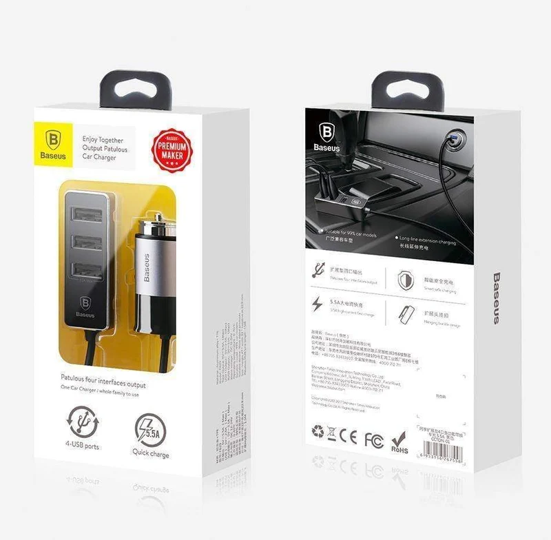 Baseus 4 USB-Schnellladegerät fürs Auto für iPhone, iPad, Samsung Tablet, Handy-Ladegerät, 5 V, 5.5 A, Auto-USB-Ladegerät, Auto-Ladegerät
