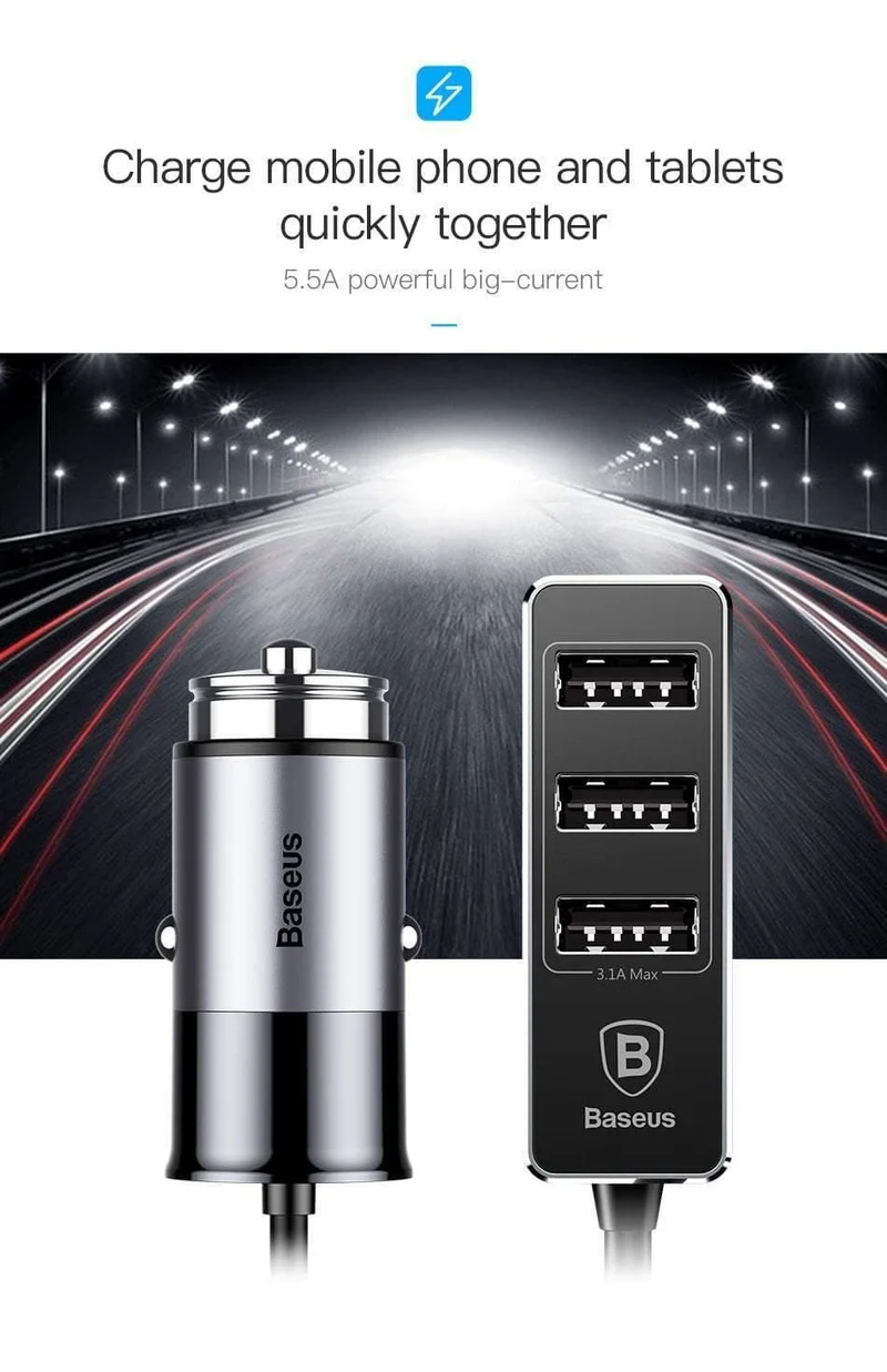 Baseus 4 USB-Schnellladegerät fürs Auto für iPhone, iPad, Samsung Tablet, Handy-Ladegerät, 5 V, 5.5 A, Auto-USB-Ladegerät, Auto-Ladegerät