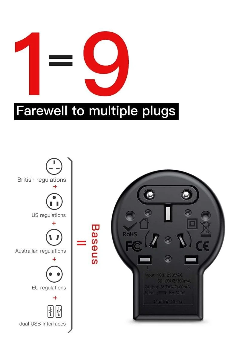 Baseus Universal-USB-Reiseladegerät für Samsung Galaxy S8 S9 Plus Whirl USB-AC-betriebener tragbarer Reise-Telefonladegerät-Adapter