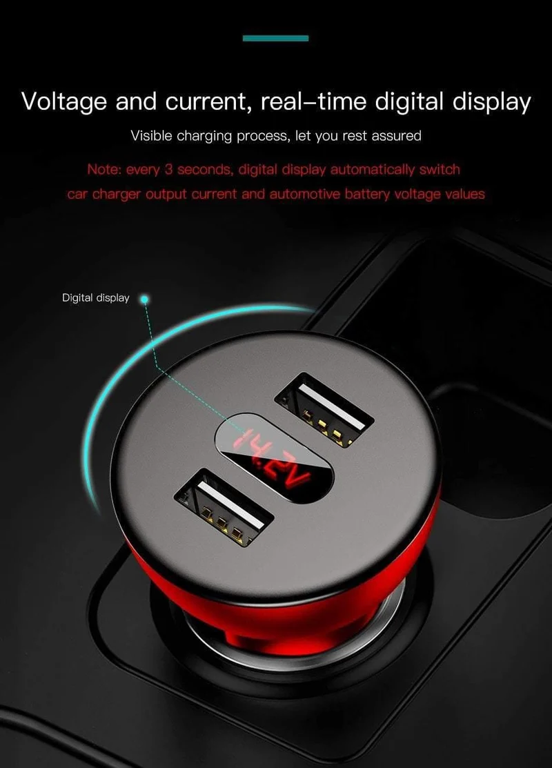 Baseus Autoladegerät Digitales LED-Display Handyladegerät Dual USB Autotelefonladegerät für iPhone Samsung Tablet Reiseadapter