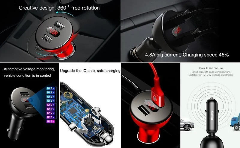 Baseus Autoladegerät Digitales LED-Display Handyladegerät Dual USB Autotelefonladegerät für iPhone Samsung Tablet Reiseadapter