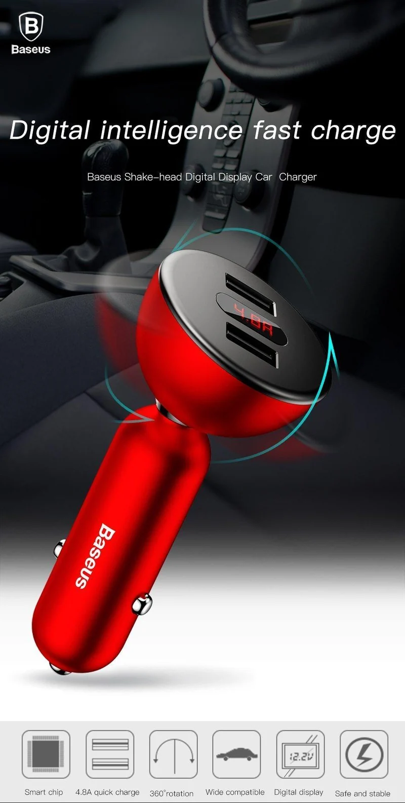 Baseus Autoladegerät Digitales LED-Display Handyladegerät Dual USB Autotelefonladegerät für iPhone Samsung Tablet Reiseadapter