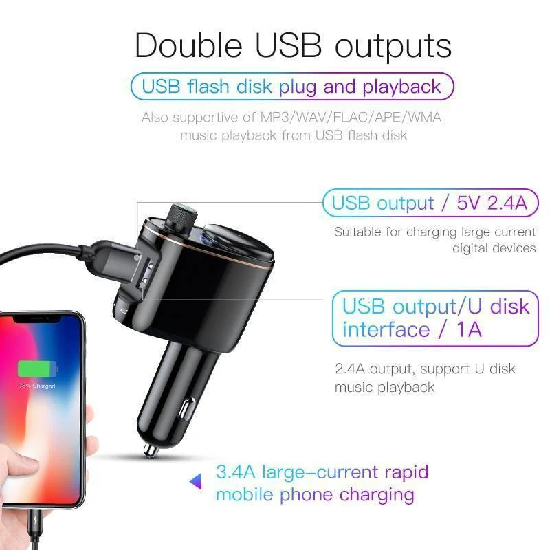 Baseus 3.4A Dual USB Autoladegerät für iPhone Bluetooth FM Transmitter Car Kit MP3 Player FM Modulator Schnelles Handyladegerät