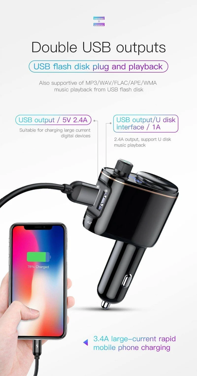Baseus 3.4A Dual USB Autoladegerät für iPhone Bluetooth FM Transmitter Car Kit MP3 Player FM Modulator Schnelles Handyladegerät
