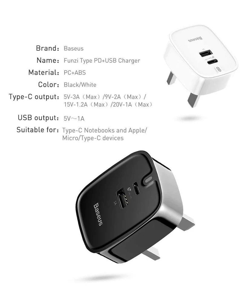 Baseus USB PD-Ladegerät für iPhone 30W Schnellladung UK-Stecker Typ-c-Adapter für Mobiltelefon Reisewand 3A Typ C PD USB-Ladegerät