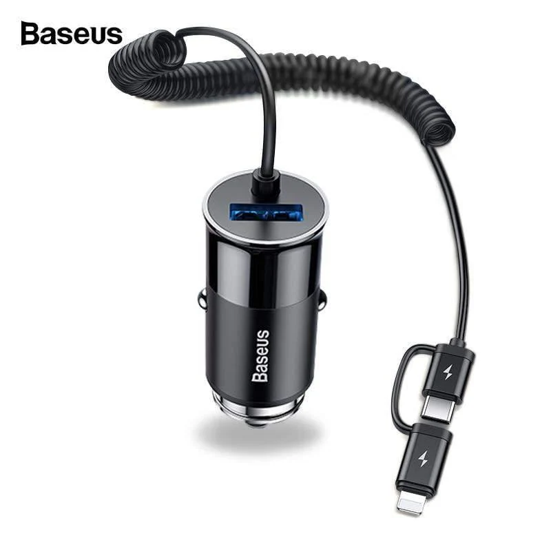 Baseus 4.8A USB-Autoladegerät für iPhone Samsung Xiaomi mi Schnelles Autoladegerät für Mobiltelefone mit Feder 2-in-1-USB-Kabel