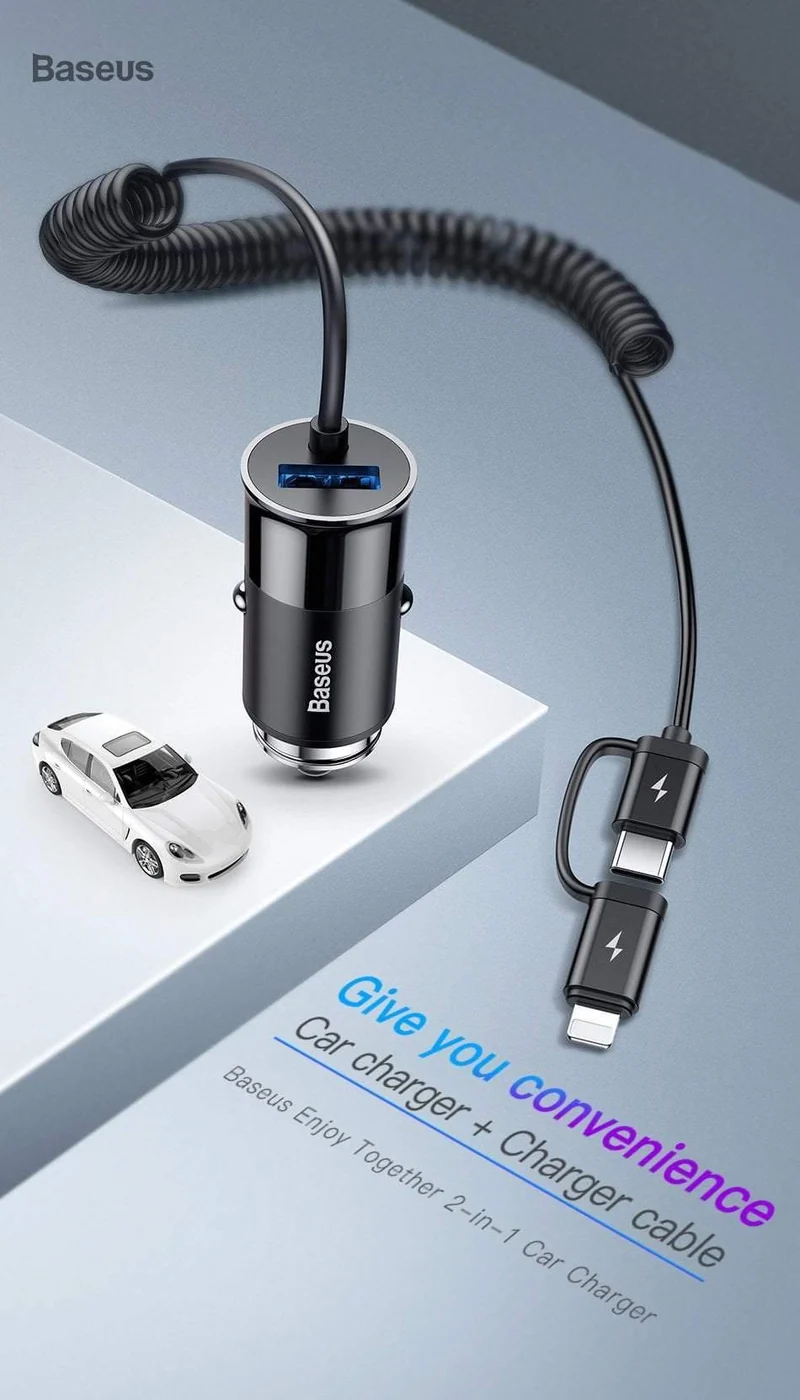 Baseus 4.8A USB-Autoladegerät für iPhone Samsung Xiaomi mi Schnelles Autoladegerät für Mobiltelefone mit Feder 2-in-1-USB-Kabel