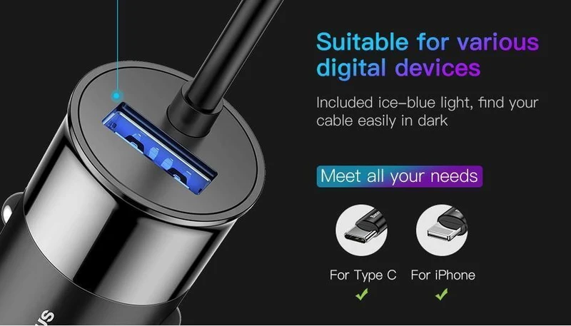 Baseus 4.8A USB-Autoladegerät für iPhone Samsung Xiaomi mi Schnelles Autoladegerät für Mobiltelefone mit Feder 2-in-1-USB-Kabel