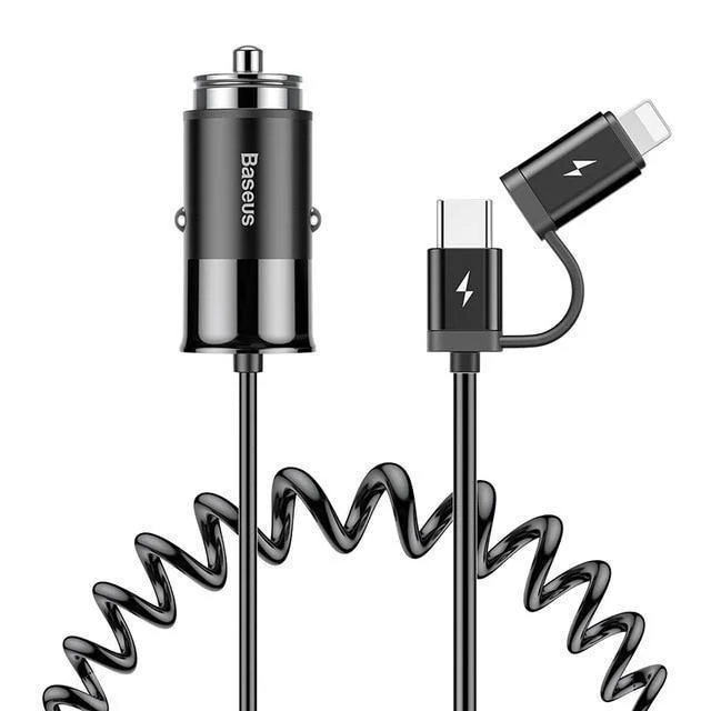 Baseus 4.8A USB-Autoladegerät für iPhone Samsung Xiaomi mi Schnelles Autoladegerät für Mobiltelefone mit Feder 2-in-1-USB-Kabel