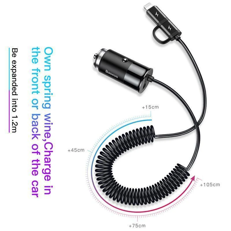 Baseus 4.8A USB-Autoladegerät für iPhone Samsung Xiaomi mi Schnelles Autoladegerät für Mobiltelefone mit Feder 2-in-1-USB-Kabel