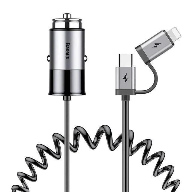 Baseus 4.8A USB-Autoladegerät für iPhone Samsung Xiaomi mi Schnelles Autoladegerät für Mobiltelefone mit Feder 2-in-1-USB-Kabel