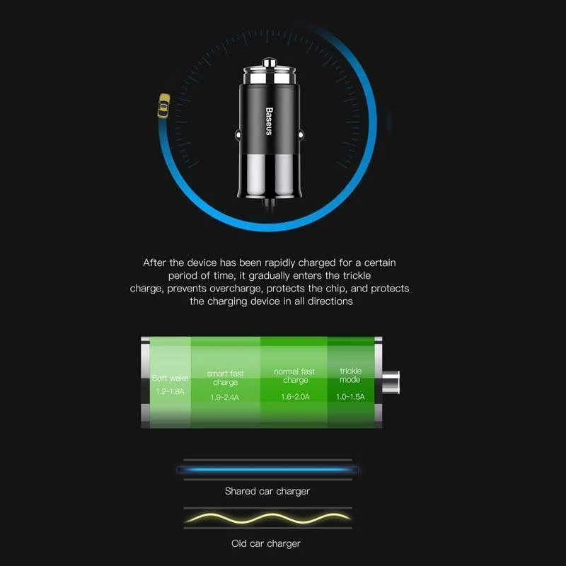 Baseus 4.8A USB-Autoladegerät für iPhone Samsung Xiaomi mi Schnelles Autoladegerät für Mobiltelefone mit Feder 2-in-1-USB-Kabel