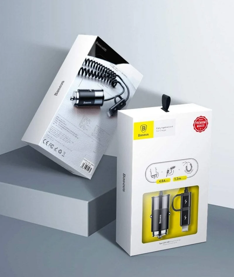 Baseus 4.8A USB-Autoladegerät für iPhone Samsung Xiaomi mi Schnelles Autoladegerät für Mobiltelefone mit Feder 2-in-1-USB-Kabel