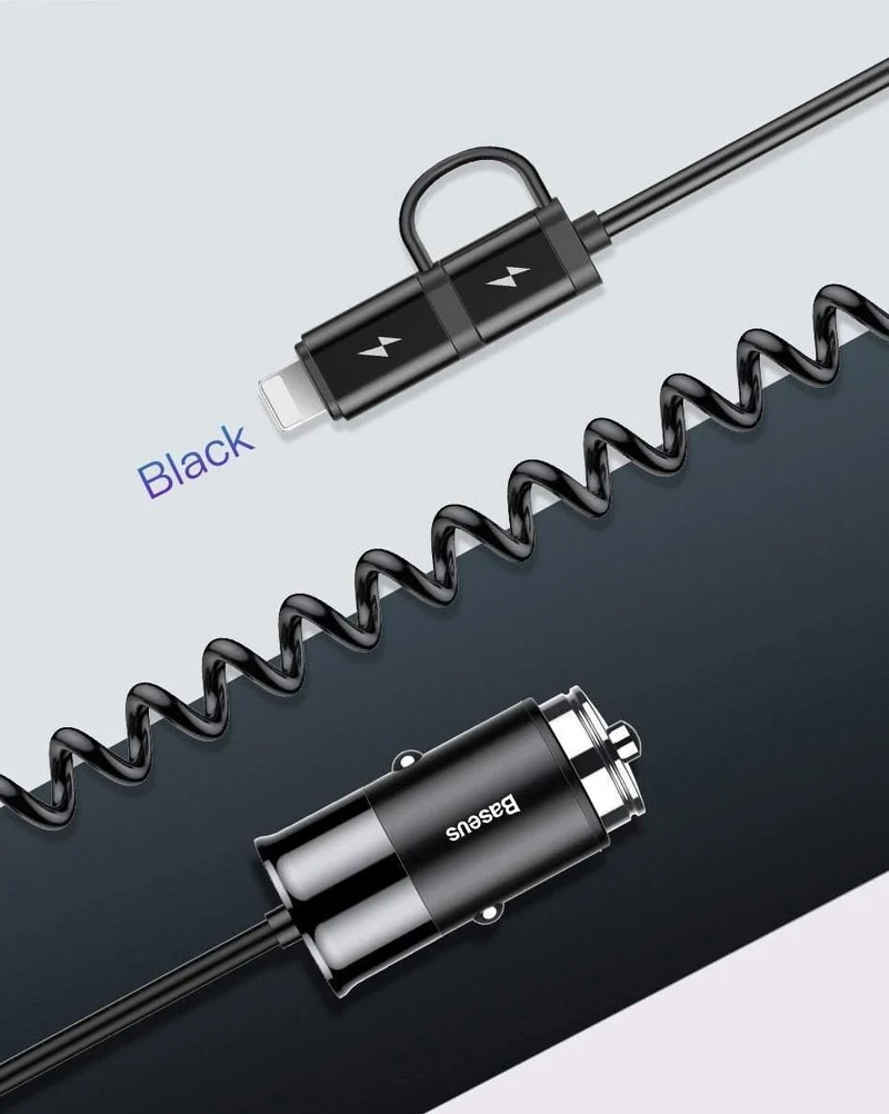 Baseus 4.8A USB-Autoladegerät für iPhone Samsung Xiaomi mi Schnelles Autoladegerät für Mobiltelefone mit Feder 2-in-1-USB-Kabel