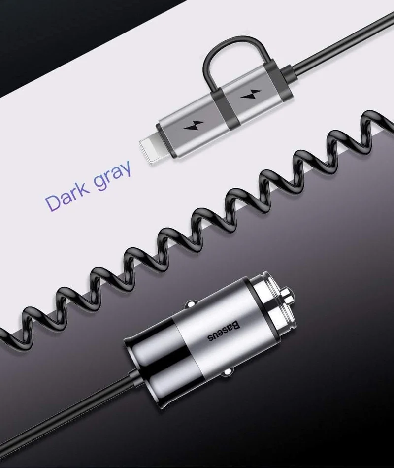 Baseus 4.8A USB-Autoladegerät für iPhone Samsung Xiaomi mi Schnelles Autoladegerät für Mobiltelefone mit Feder 2-in-1-USB-Kabel