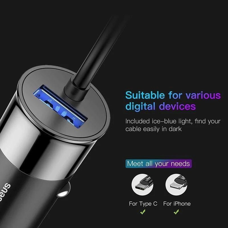 Baseus 4.8A USB-Autoladegerät für iPhone Samsung Xiaomi mi Schnelles Autoladegerät für Mobiltelefone mit Feder 2-in-1-USB-Kabel