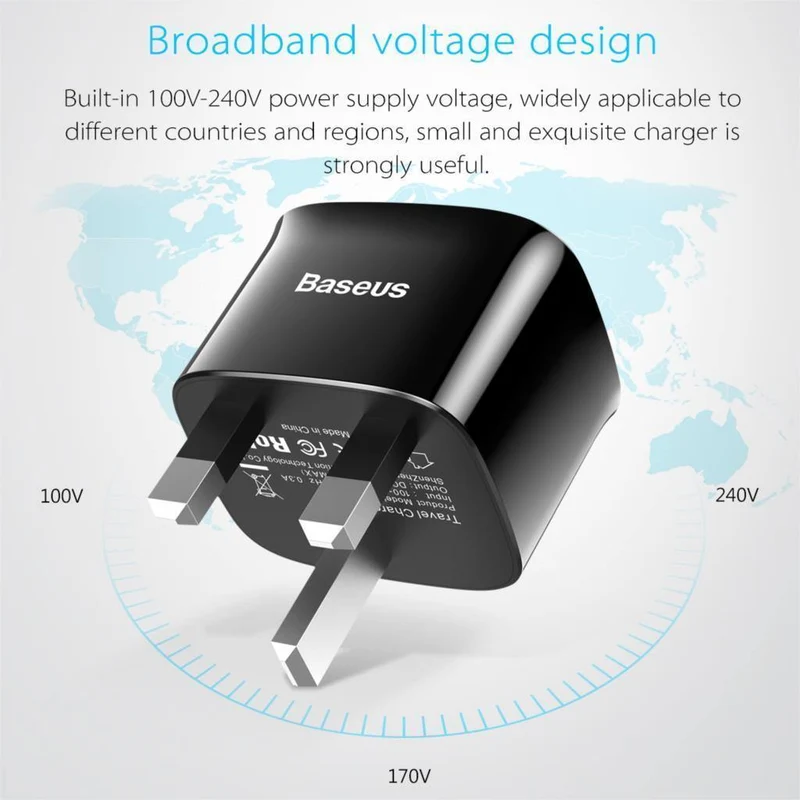 Baseus Dual Ports USB-Ladegerät UK-Stecker USB-Reise-Wandladegerät-Adapter 5V 2.4A Handy-Ladegerät für iPhone Xs Samsung Xiaomi