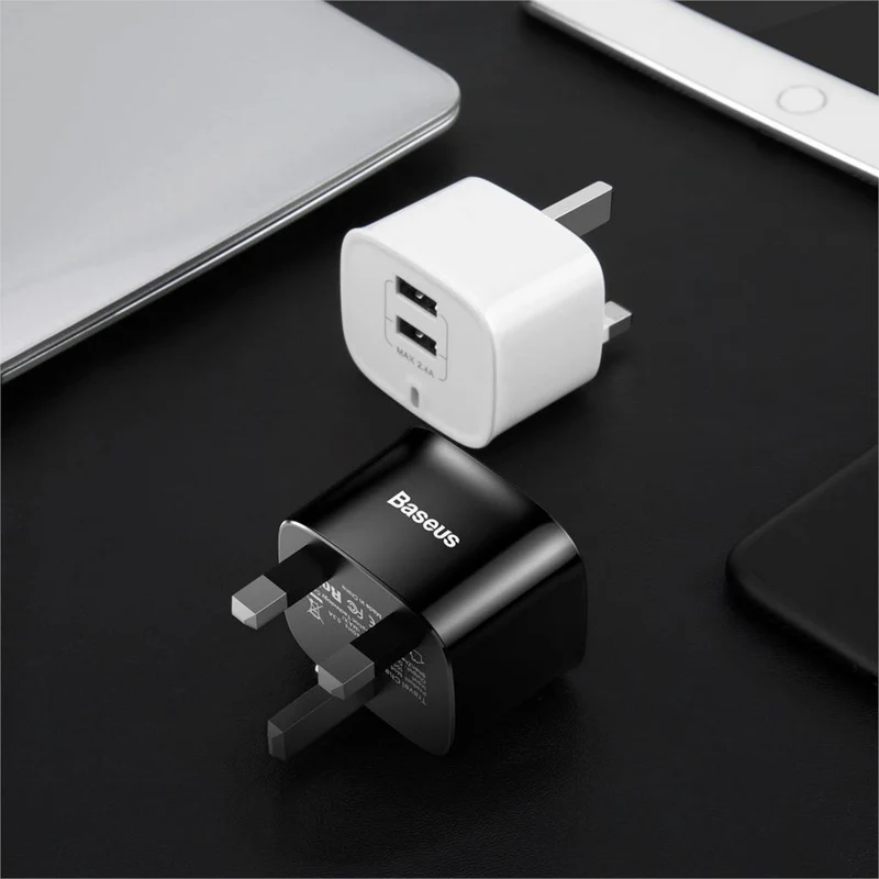Baseus Dual Ports USB-Ladegerät UK-Stecker USB-Reise-Wandladegerät-Adapter 5V 2.4A Handy-Ladegerät für iPhone Xs Samsung Xiaomi