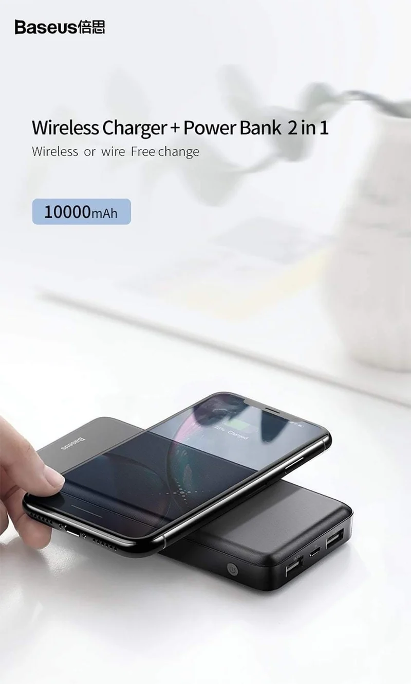 Baseus 10000mAh Wireless Ladegerät Power Bank für iPhone Samsung Huawei Xiaomi Powerbank Dual USB Externes Akkupack aufladen