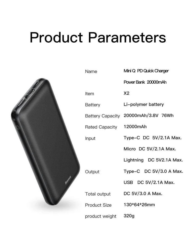 Baseus 20000mAh Power Bank für iPhone Samsung Huawei Xiaomi Externer Akku 3A Typ C PD Fast Charing USB-Ladegerät Powerbank