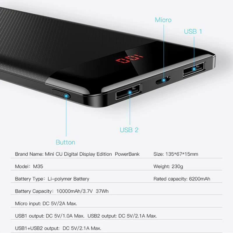 Baseus 10000mAh Powerbank Dual USB LCD Powerbank Slim Poverbank Tragbares externes Ladegerät für Xiaomi-Handys