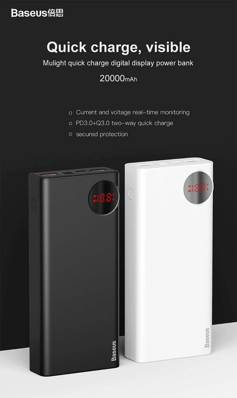 Baseus 20000 mAh Power Bank USB C PD Quick Charge 3.0 20000 mAh Pover Poverbank Für Huawei Xiaomi Externer Akku Powerbank