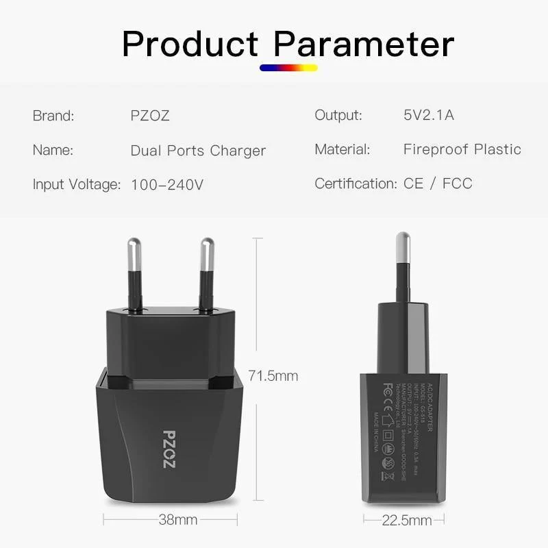 PZOZ Dual USB Ladegerät 2a Schnelles Aufladen Reise EU Stecker Adapter tragbares Wandladegerät Handykabel Für iPhone Samsung xiaomi