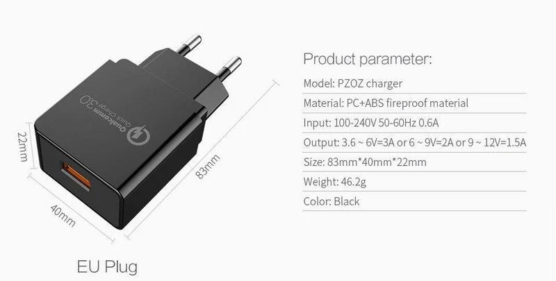 PZOZ USB-Ladegerät Mobiltelefon Schnellladung Qualcomm Quick Charge QC 3.0 Reise-Wandadapter EU-Stecker für Samsung Xiaomi iPhone