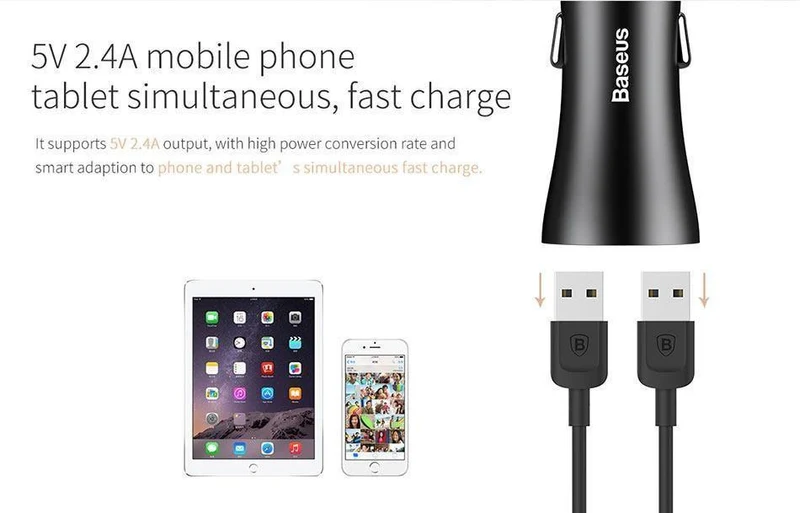 Baseus Dual USB Autoladegerät für iPhone XS Samsung Handyladegerät Auto Zigarettenanzünder Tablet GPS Reiseadapter Telefonladegerät