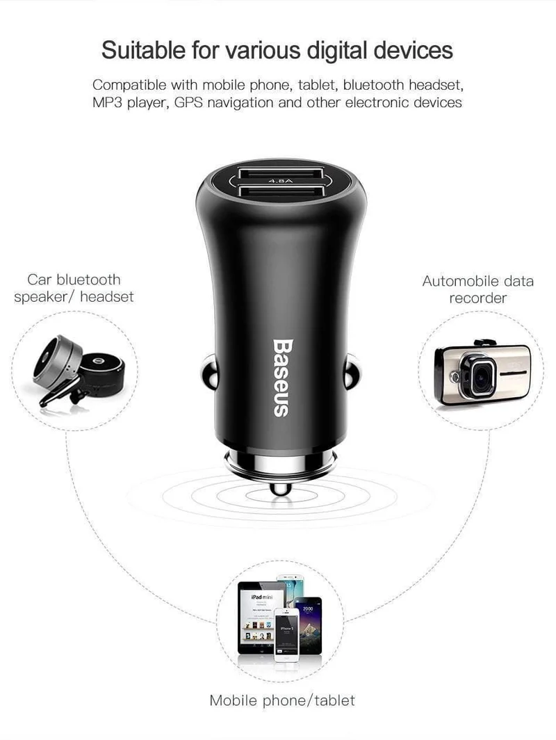 Baseus Autoladegerät Dual USB Autoladegerät Auto-Styling USB-Ladegerät für Mobiltelefon Schnelles Autotelefonladegerät für Xiaomi Roidmi 3s