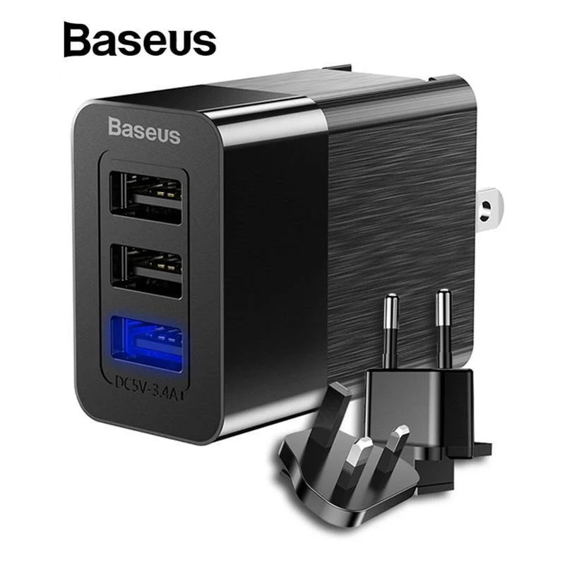 Baseus 3 Port USB Ladegerät 3in1 Triple EU US UK Stecker 2.4 A Reise Wand Ladegerät Adapter für iPhone Samsung Xiaomi Telefon USB Ladegerät
