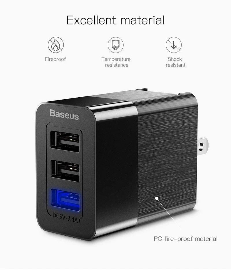 Baseus 3 Port USB Ladegerät 3in1 Triple EU US UK Stecker 2.4 A Reise Wand Ladegerät Adapter für iPhone Samsung Xiaomi Telefon USB Ladegerät