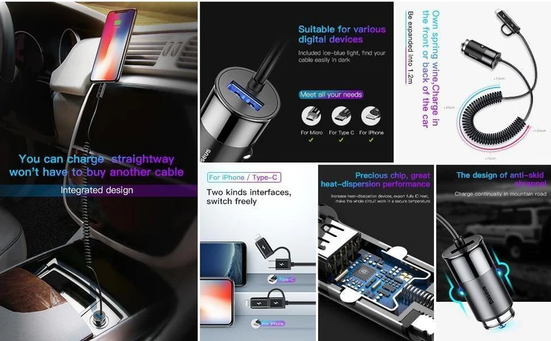 Baseus 2-in-1-Autoladegerät für Mobiltelefone, Reiseadapter und USB-Typ-C-Federladekabel für iPhone, Samsung, Autotelefonladegerät